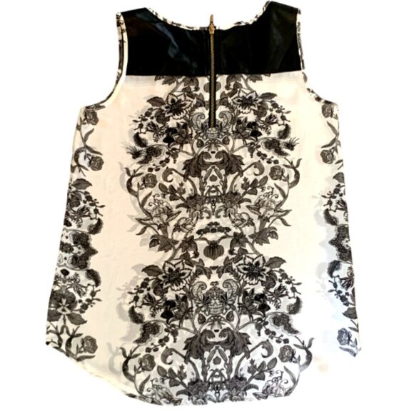 Bisou Bisou Sleeveless Top Mixed Media Faux Leather/Floral S Black & White 61E - Picture 3 of 8